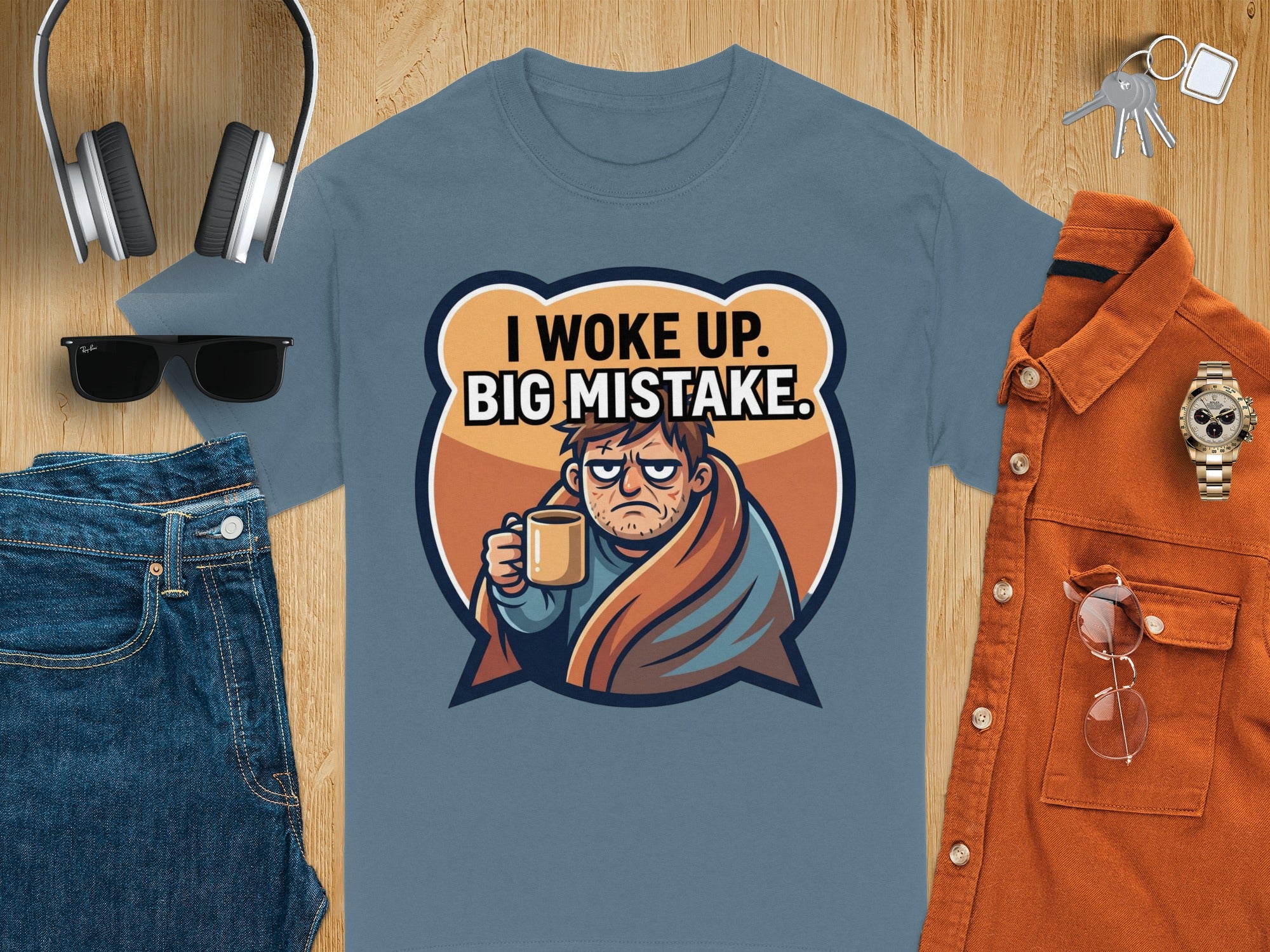 T-shirt with illustration of a grumpy person wrapped in a blanket holding a mug, text "I WOKE UP. BIG MISTAKE."