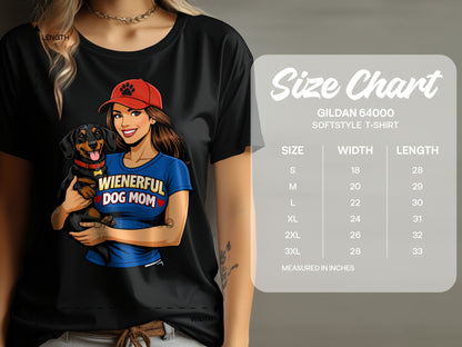 Woman in black t-shirt holds dachshund; "WIENERFUL DOG MOM" text. Size chart on right.