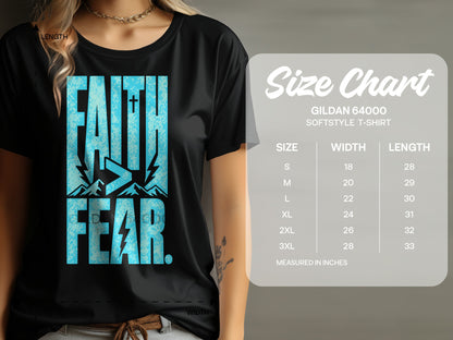 Black t-shirt with blue "FAITH > FEAR" graphic, with size chart.
