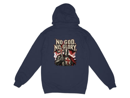 Dark navy hoodie with a crusader holding a cross and "No God. No Glory." text.