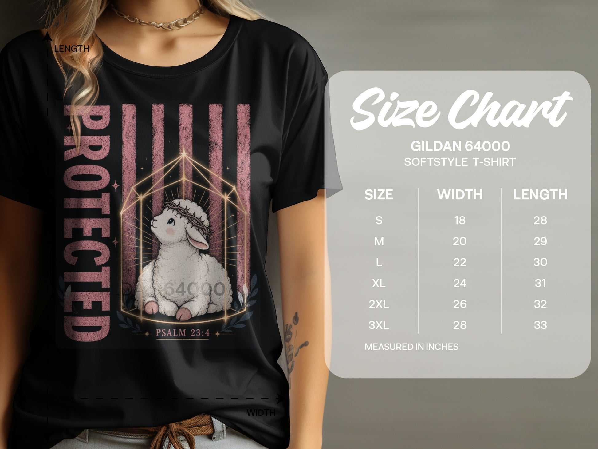Black t-shirt with lamb graphic, "Protected" text, and Gildan 64000 size chart.