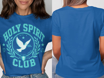 Blue t-shirt with "Holy Spirit Club" graphic featuring a dove and cross.