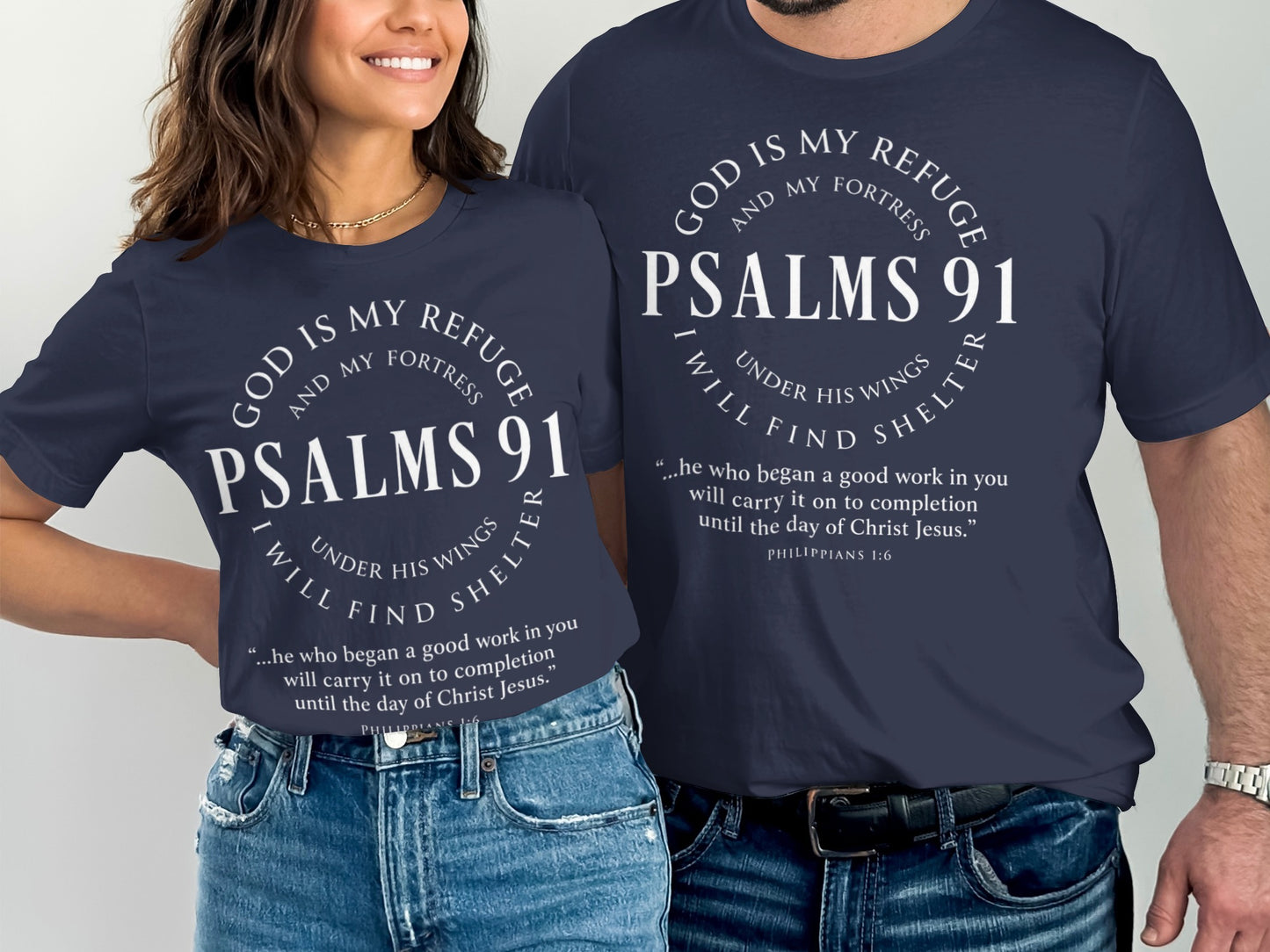 Navy t-shirts featuring "Psalms 91" and Philippians 1:6 scripture.