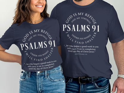 Navy t-shirts featuring "Psalms 91" and Philippians 1:6 scripture.