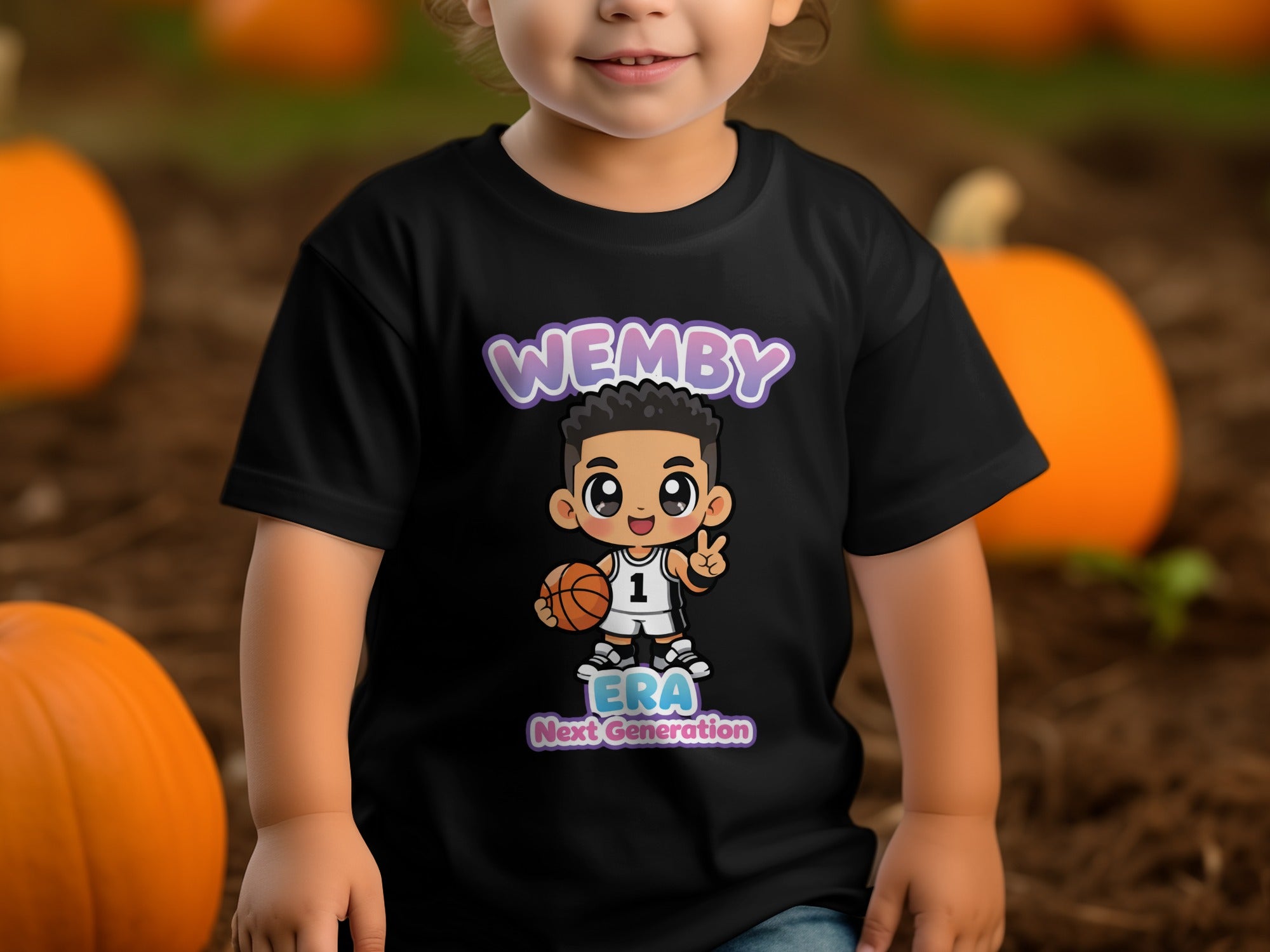 Black t-shirt with cartoon basketball player graphics and text "WEMBY ERA Next Generation".