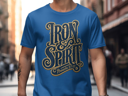 Blue t-shirt with "Iron & Spirit" and "Proverbs 27:17" text graphic.