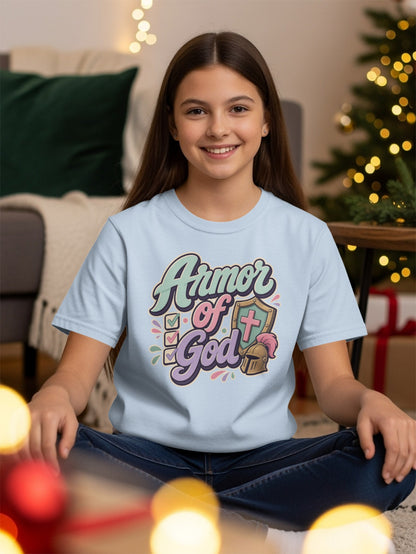 Light blue t-shirt with "Armor of God" text, shield, and helmet graphic.