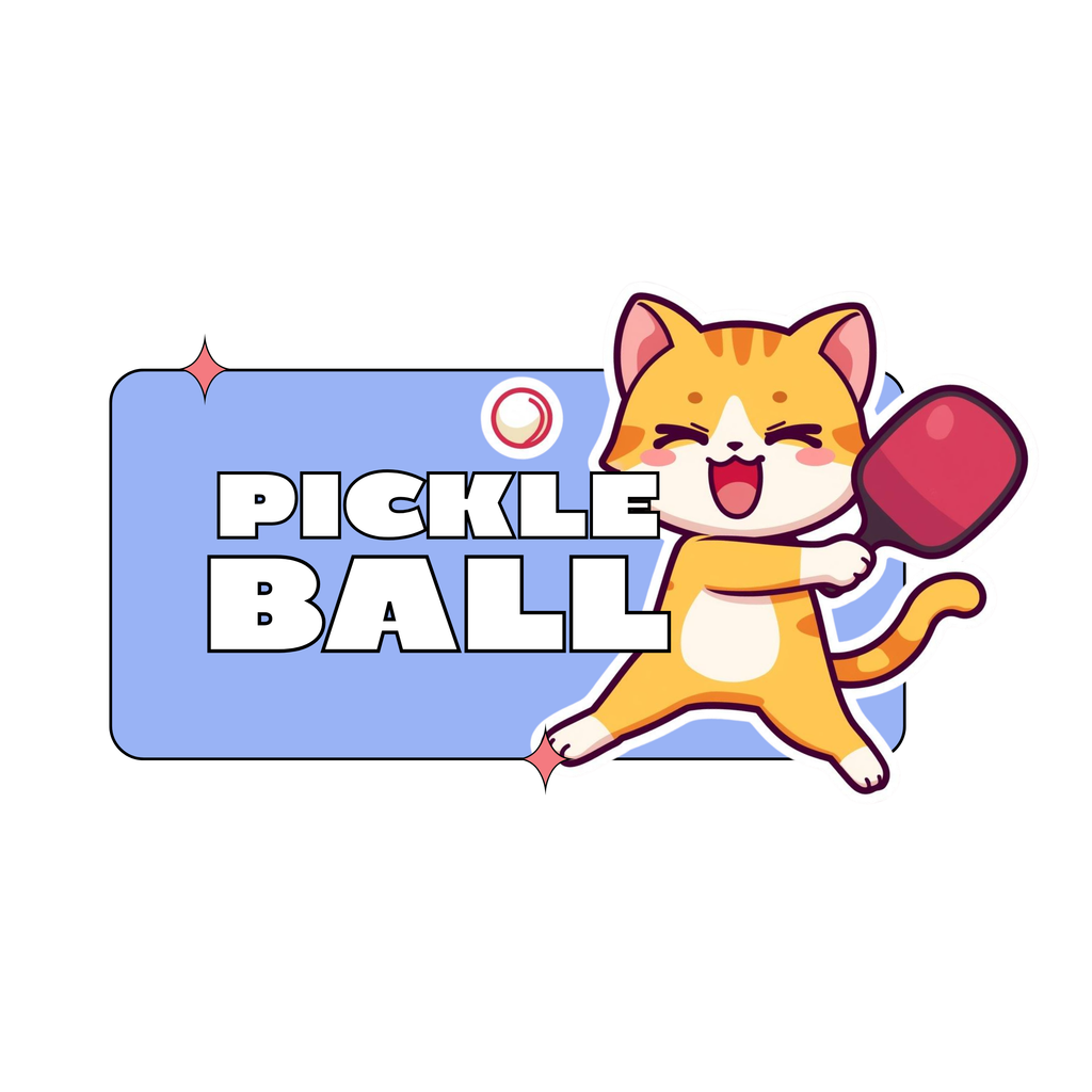Cartoon cat holding a pickleball paddle on a blue background with text PICKLE BALL.