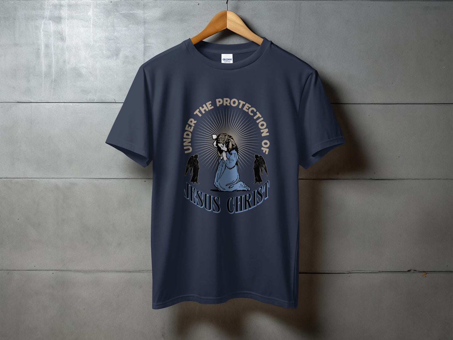Navy t-shirt with "Under the Protection of Jesus Christ" graphic.