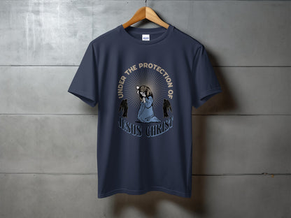 Navy t-shirt with "Under the Protection of Jesus Christ" graphic.