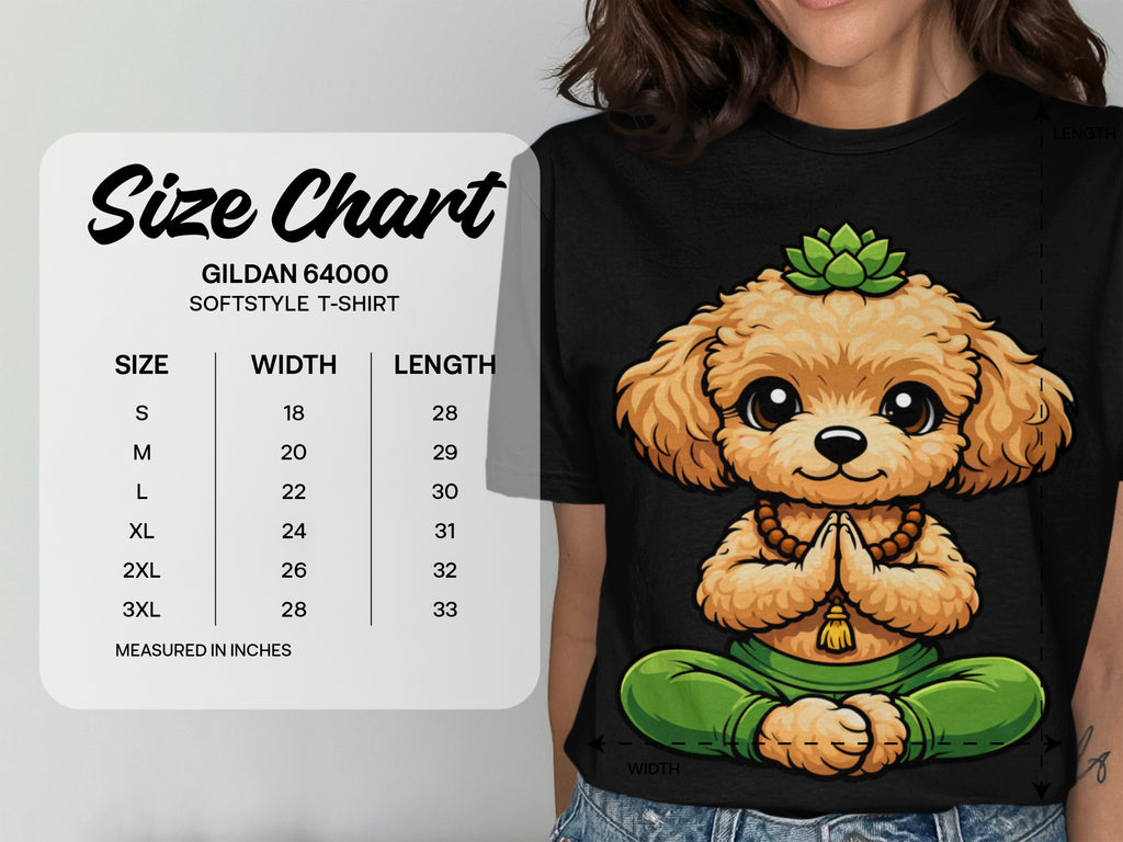 Gildan 64000 Softstyle T-shirt size chart with width and length measurements in inches.
