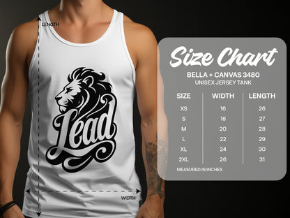 White unisex tank top with lion graphic and apparel size chart.