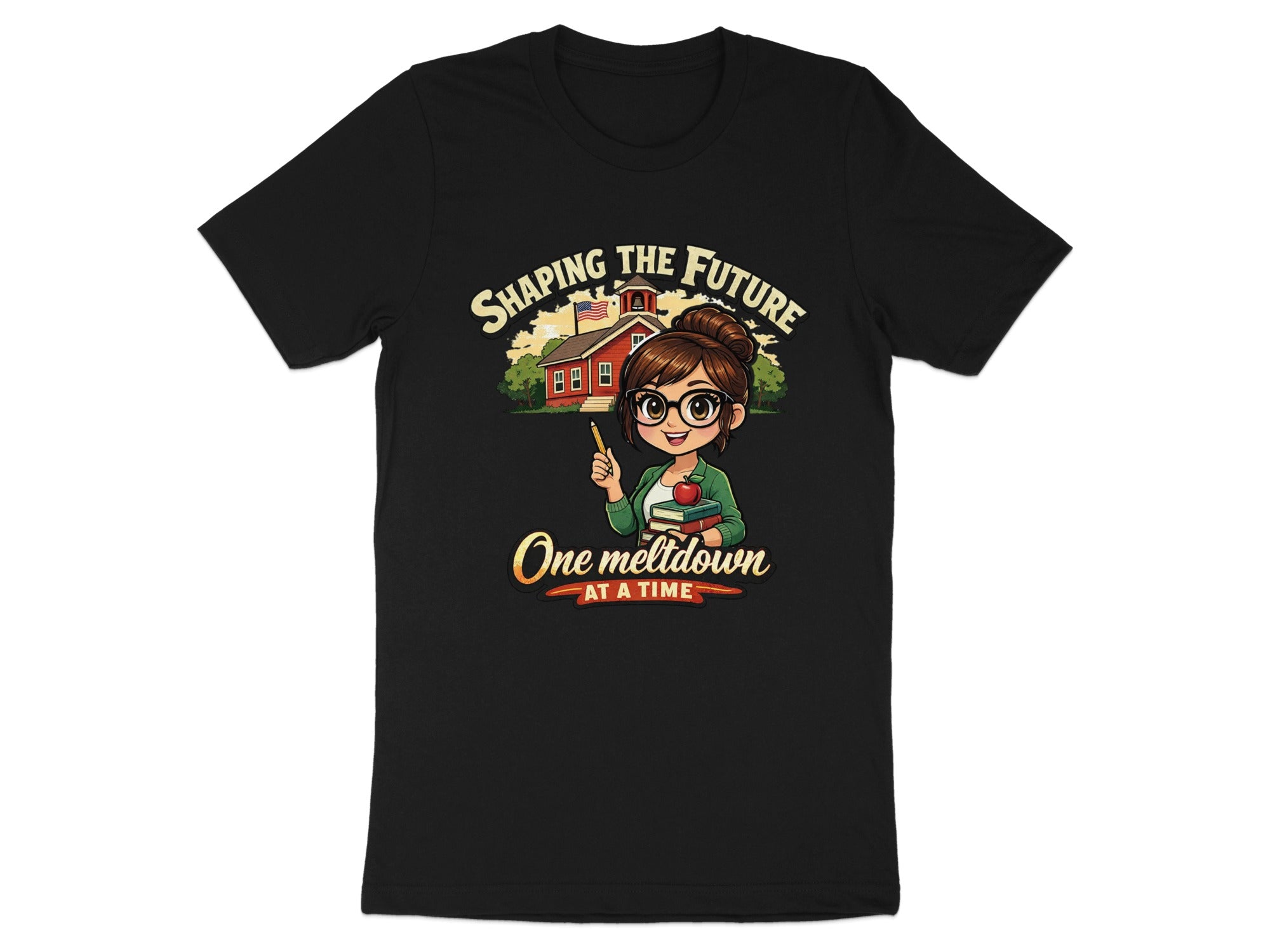 Black t-shirt with cartoon teacher and text "Shaping the Future One Meltdown at a Time".