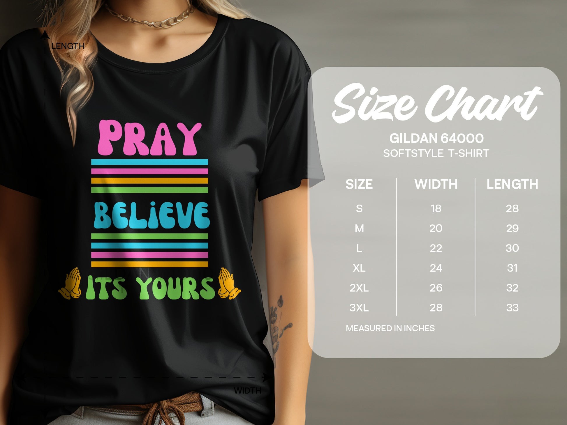 Black t-shirt with "Pray Believe Its Yours" text and size chart.