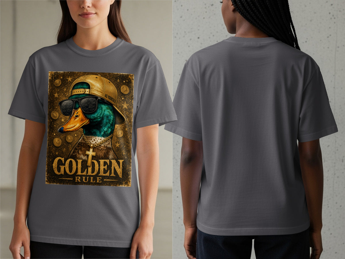 T-shirt with graphic of a duck wearing sunglasses and a gold chain, "GOLDEN RULE" text.