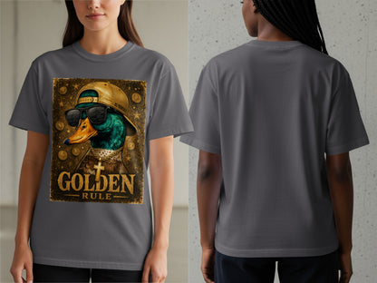 T-shirt with graphic of a duck wearing sunglasses and a gold chain, "GOLDEN RULE" text.