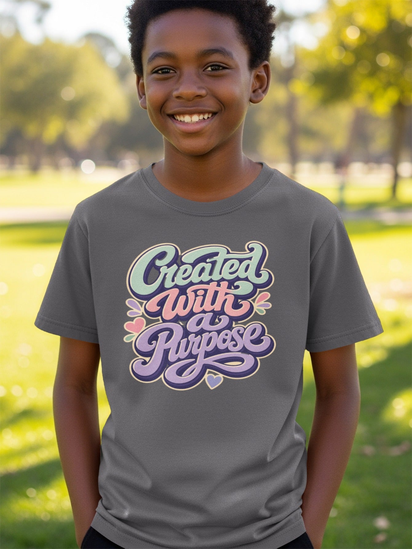 Gray t-shirt for kids with pastel lettering that reads "Created With a Purpose".
