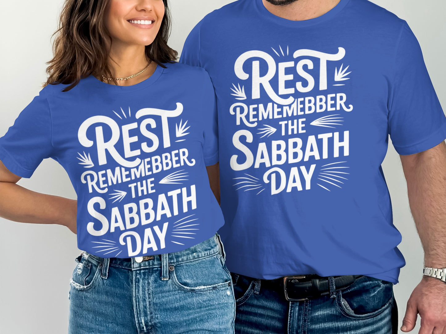 Two people wear blue t-shirts with white text: "Rest Remember the Sabbath Day".