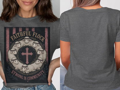 Graphic t-shirt design with sheep in a circle surrounding a cross with text "Faithful Flock Strong In Community."