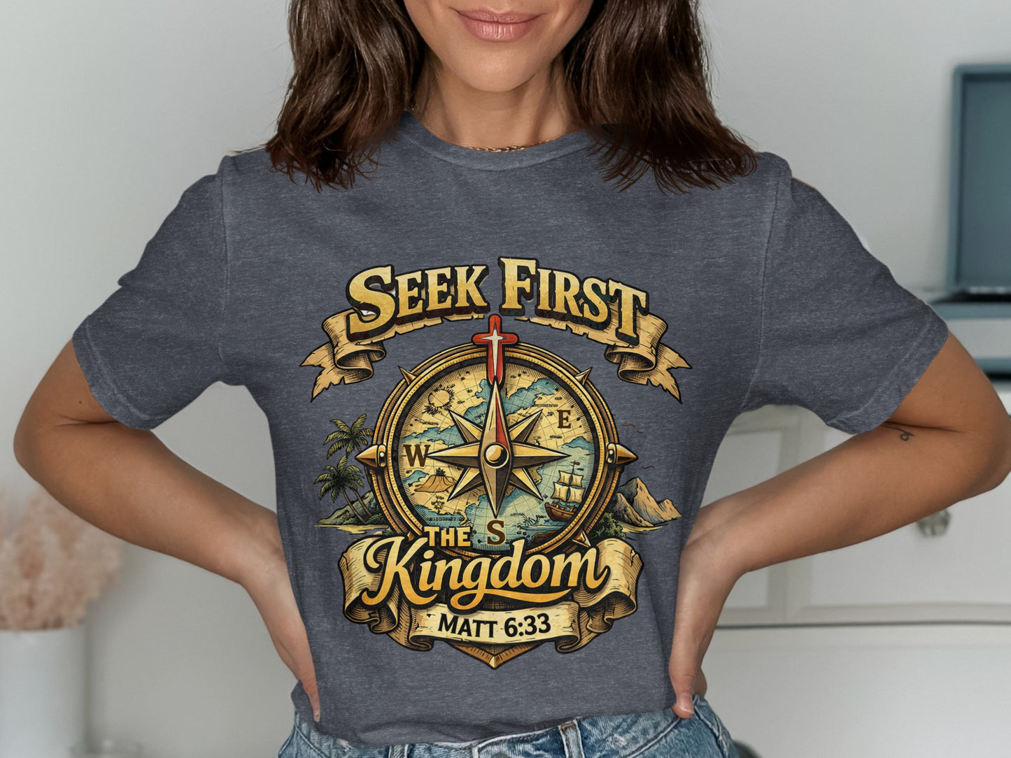 T-shirt with "Seek First The Kingdom" and compass design, Matt 6:33.