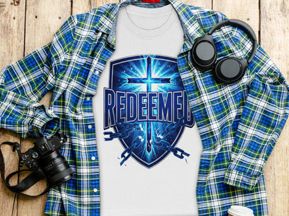 White t-shirt with blue shield graphic saying "REDEEMED" and broken chains.