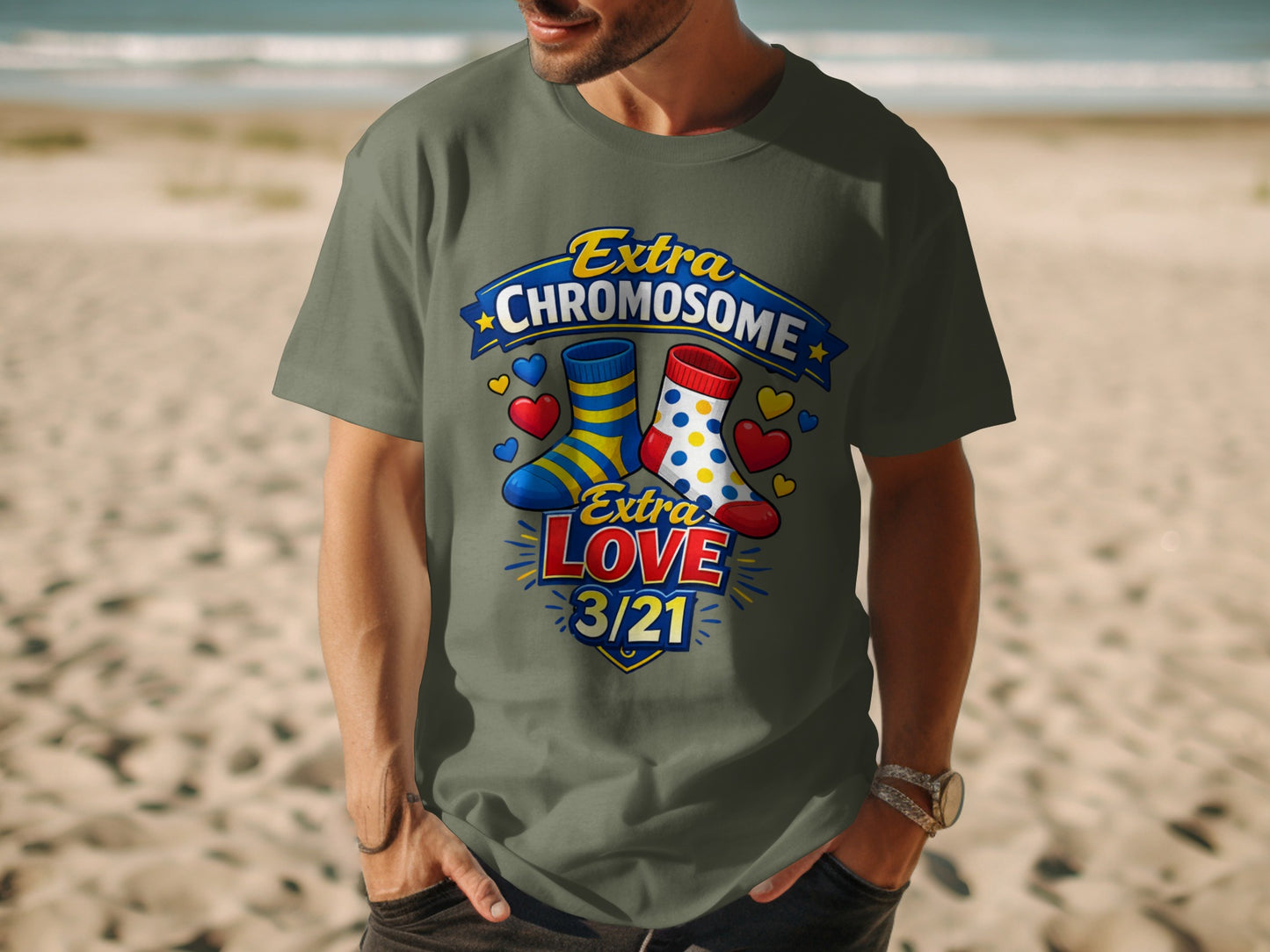 T-shirt with "Extra Chromosome Extra Love 3/21" text and colorful socks.