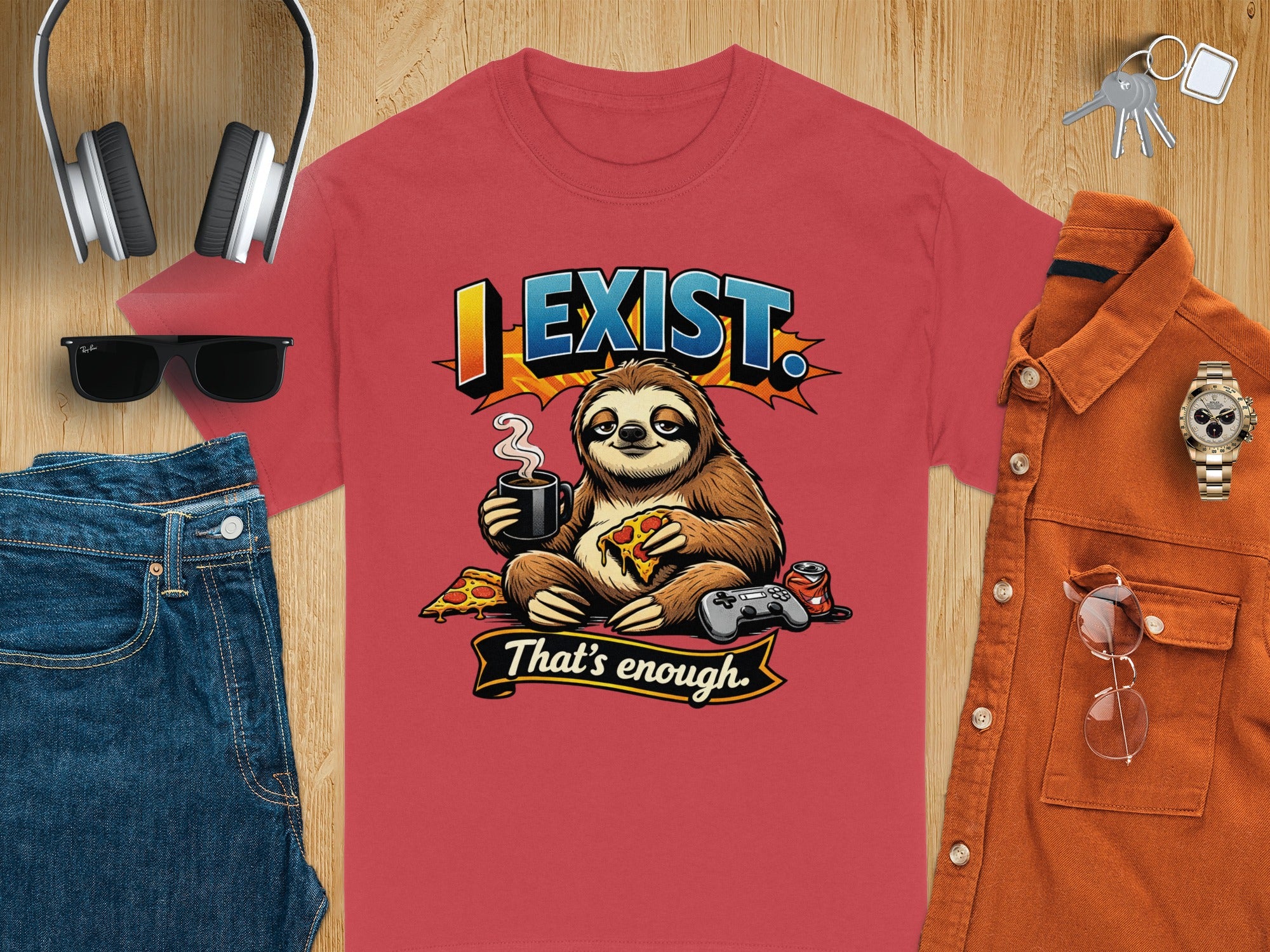Red t-shirt with sloth graphic and text "I EXIST. That's enough."