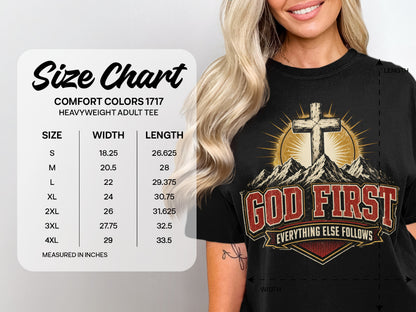Comfort Colors heavyweight adult tee size chart with graphic of cross and mountains.