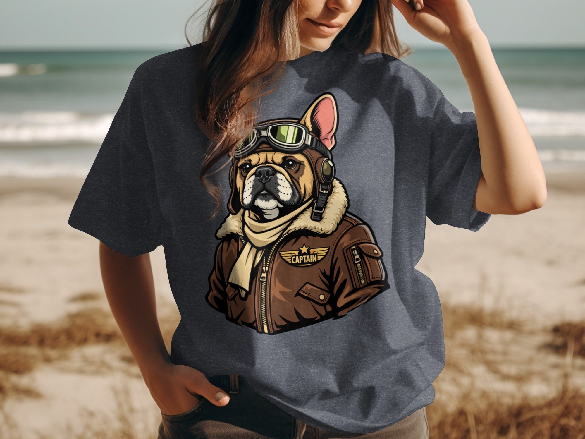 French bulldog pilot graphic on a dark gray t-shirt with "CAPTAIN" text.