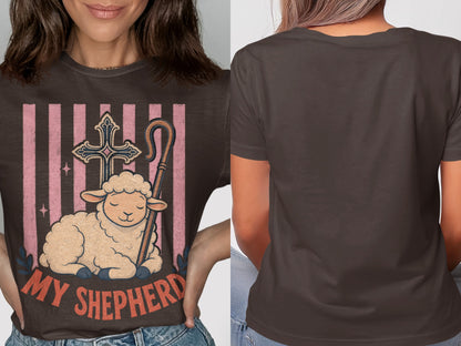 Brown t-shirt with a graphic of a sheep, cross, and staff, and the words "My Shepherd".