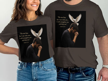 Men and women wearing shirts with a dove and Bible verse Isaiah 41:10.