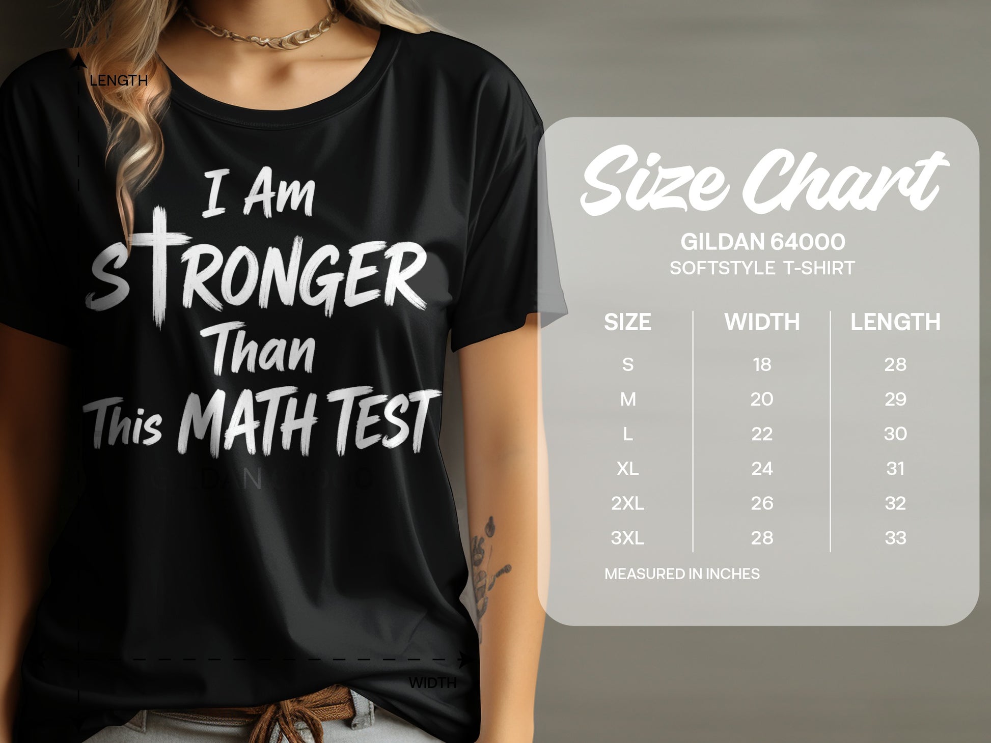 Black t-shirt with "I Am Stronger Than This Math Test" text, includes Gildan size chart.