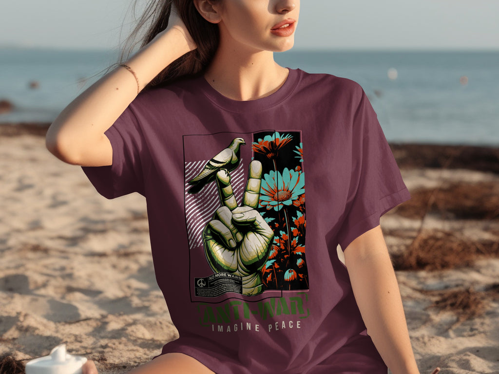 T-shirt with "Anti-War Imagine Peace" and peace sign with bird.
