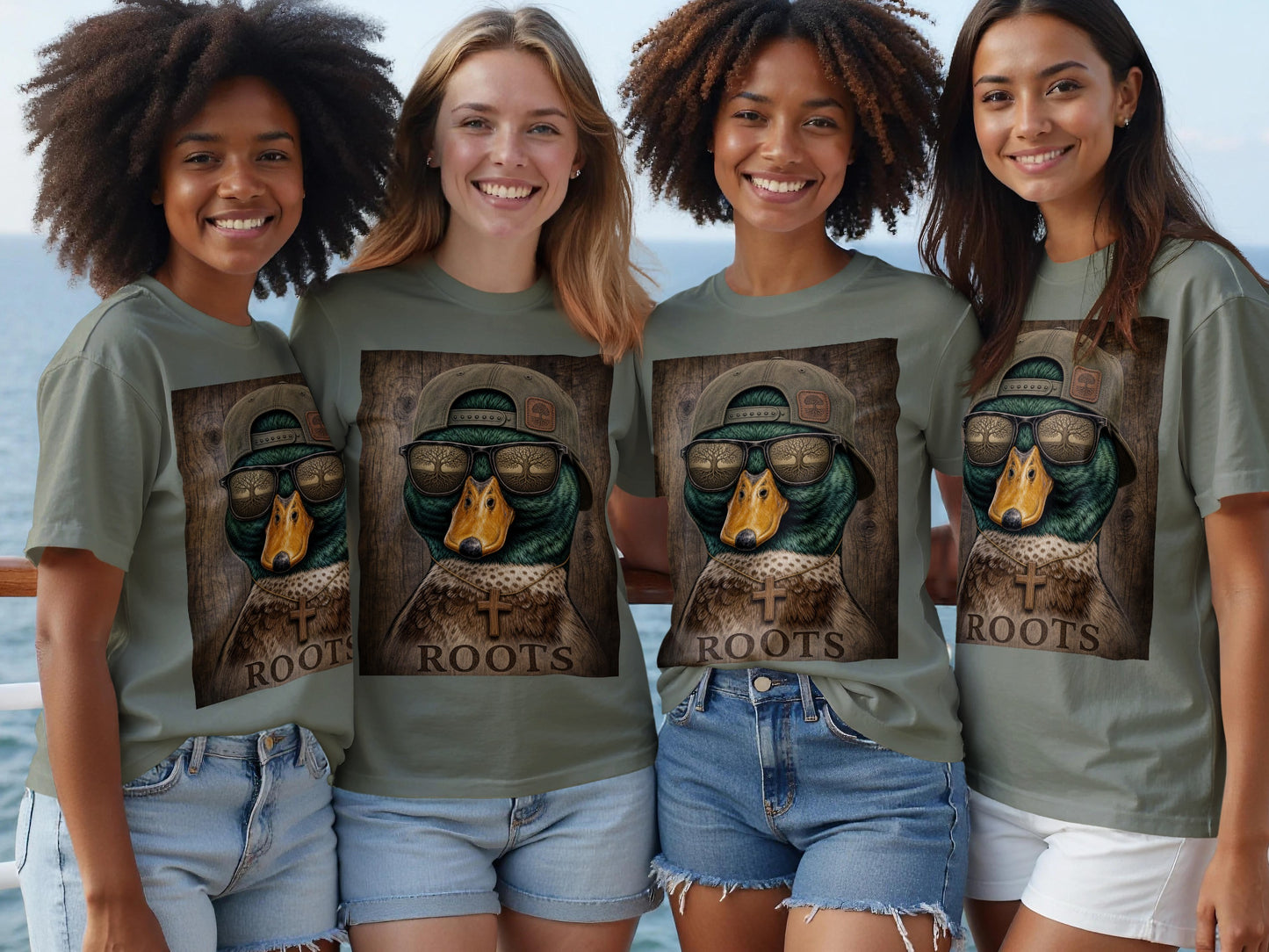Four young women wear olive green t-shirts featuring a duck graphic with sunglasses and the word "ROOTS."