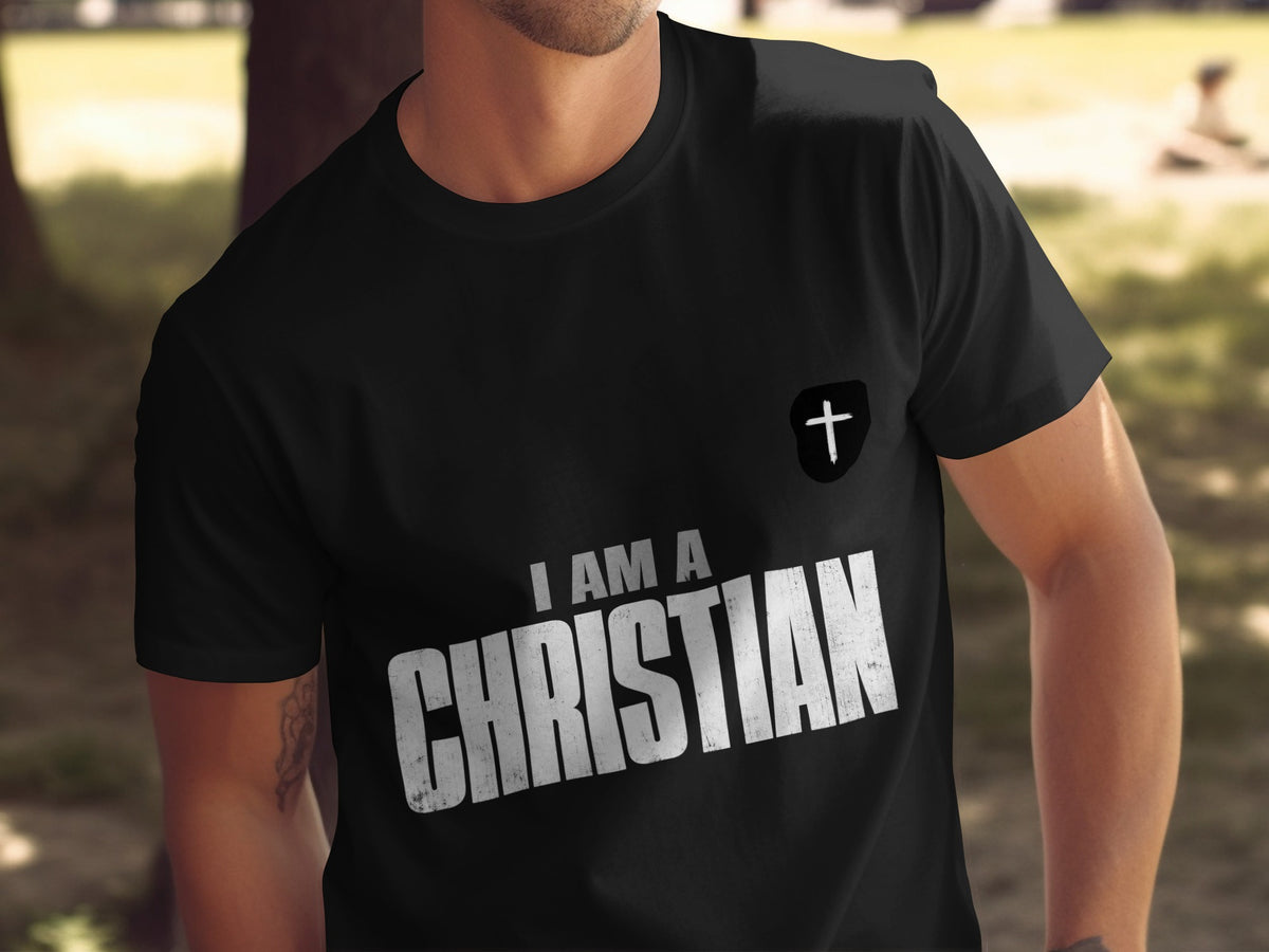Black t-shirt with "I AM A CHRISTIAN" text and a cross emblem.