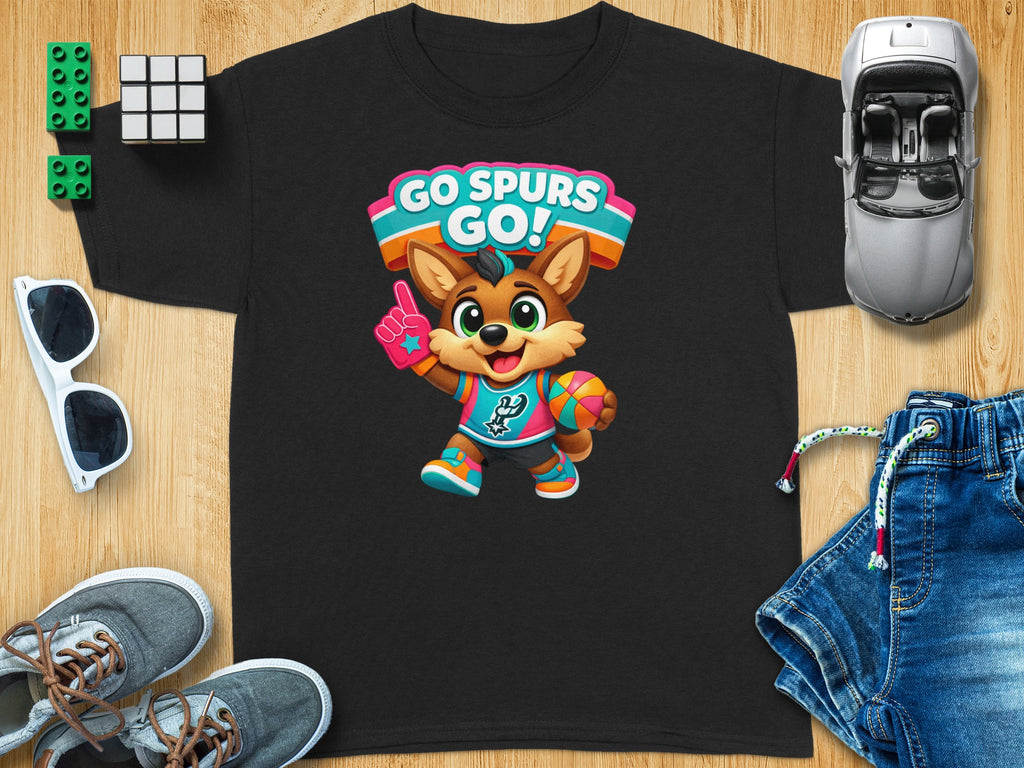 Black t-shirt with cartoon mascot and "Go Spurs Go!" text.