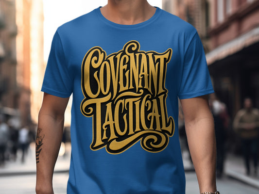 Blue t-shirt with gold and black "Covenant Tactical" lettering.