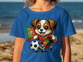 Cartoon dog in Portugal soccer uniform playing with a soccer ball and flag.