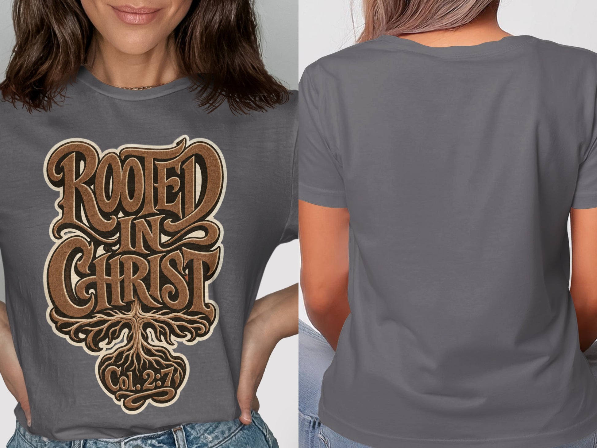 Grey t-shirt with "ROOTED IN CHRIST Col. 2:7" graphic and tree roots.