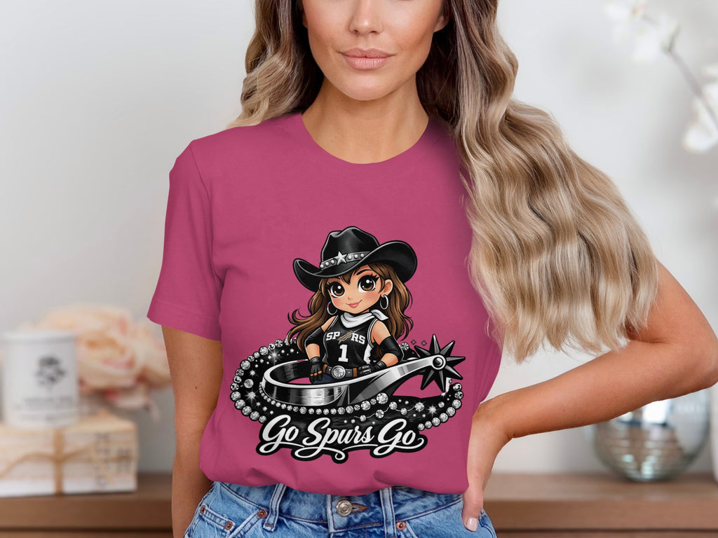 Kawaii cartoon girl in cowboy hat with Spurs jersey and spur, text "Go Spurs Go".