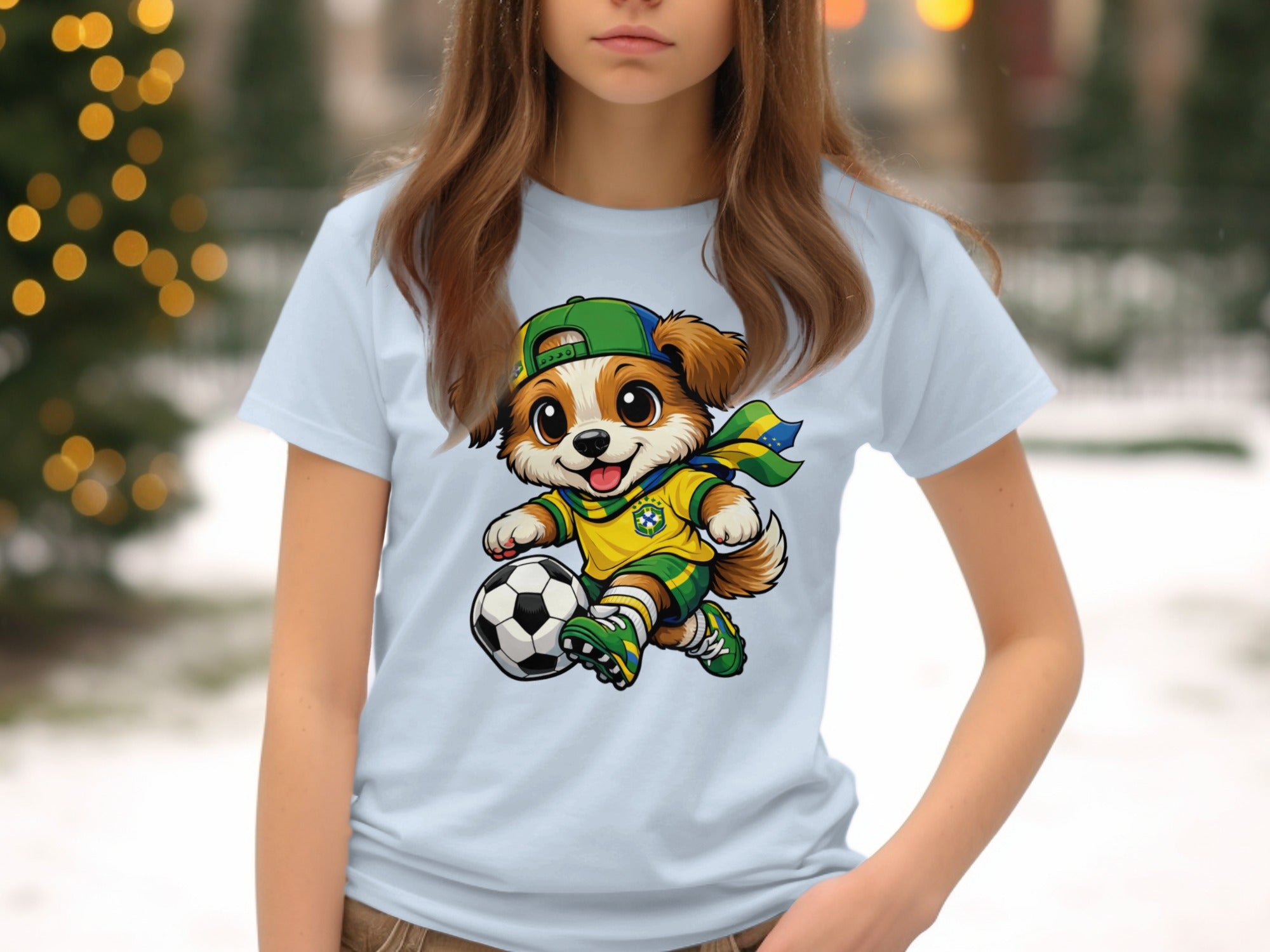 Cartoon dog in Brazilian soccer uniform dribbles a soccer ball.