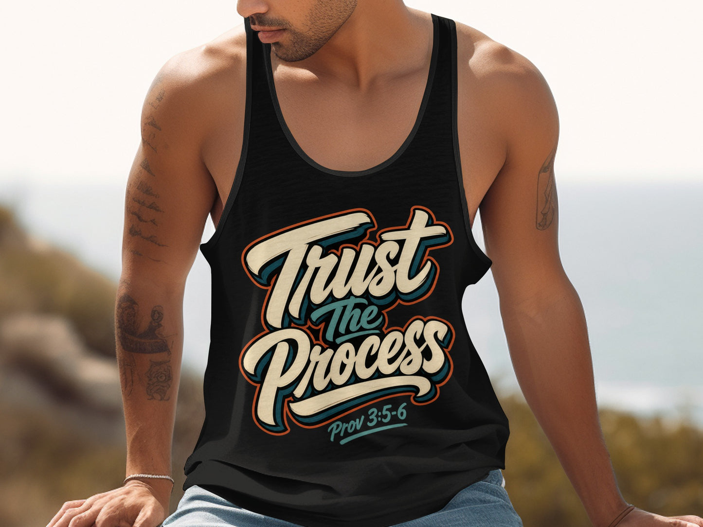 Black tank top with "Trust The Process" and "Prov 3:5-6" text.