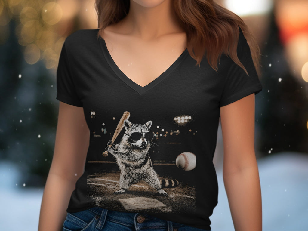 Black t-shirt with graphic of raccoon swinging baseball bat on field at night.