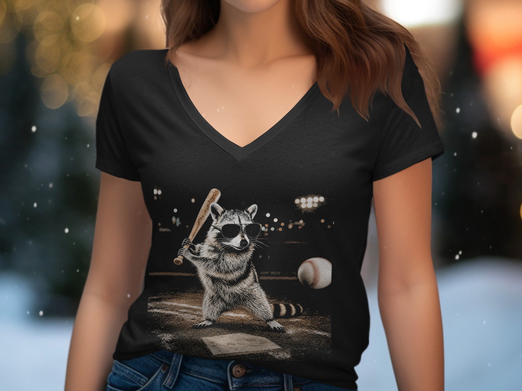 Black t-shirt with graphic of raccoon swinging baseball bat on field at night.