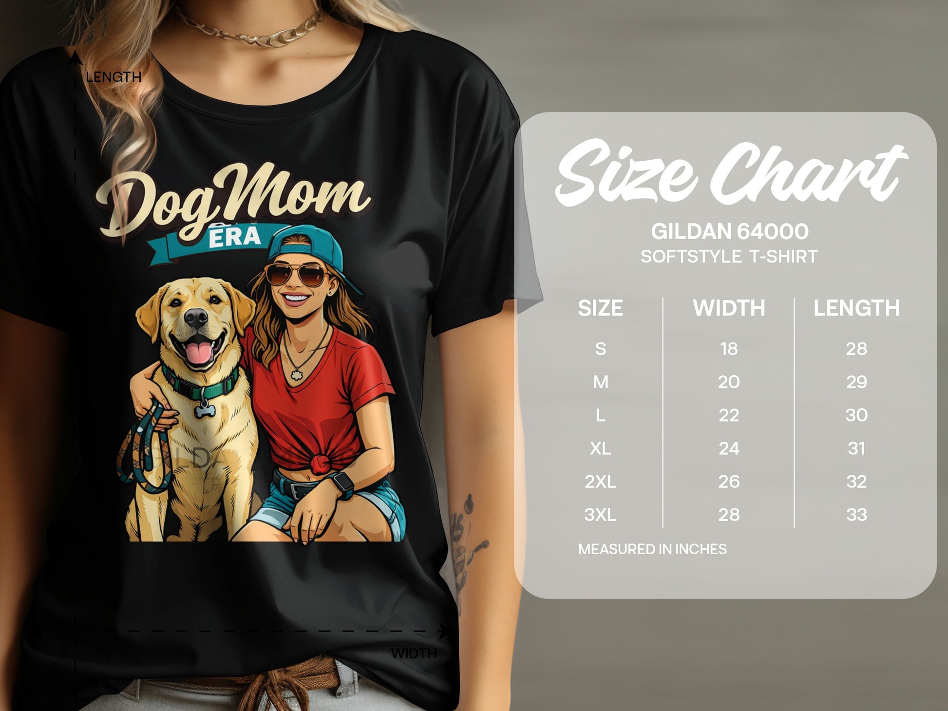Black t-shirt with "Dog Mom ERA" graphic and a size chart listing measurements in inches.
