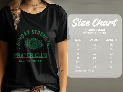 Black t-shirt with green "Sunday Strength Jesus Prayer Club" graphic and size chart.