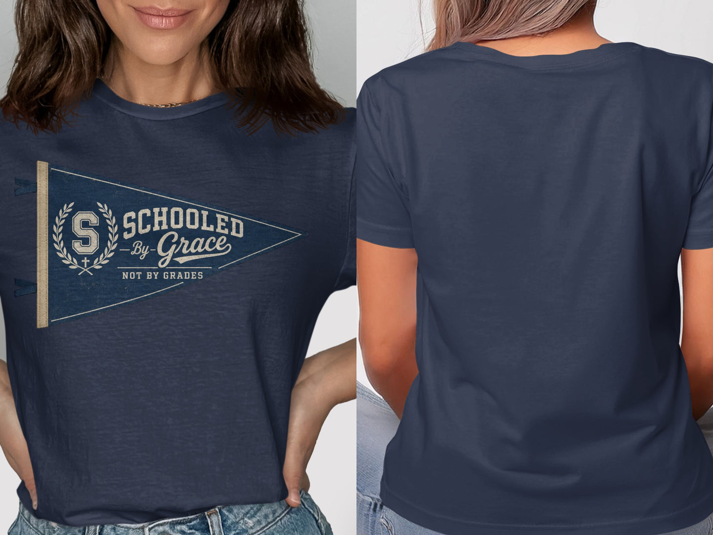 Navy t-shirt with a pennant graphic reading "SCHOOLED -By- Grace NOT BY GRADES".
