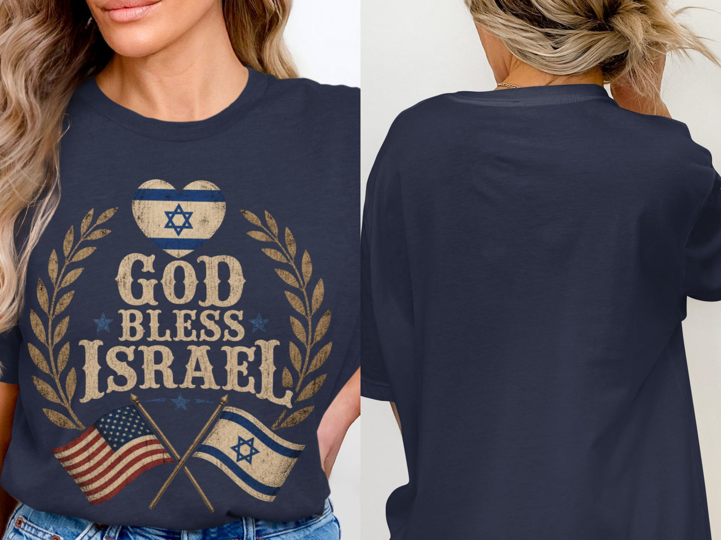 Navy t-shirt with "God Bless Israel" and crossed US and Israel flags.