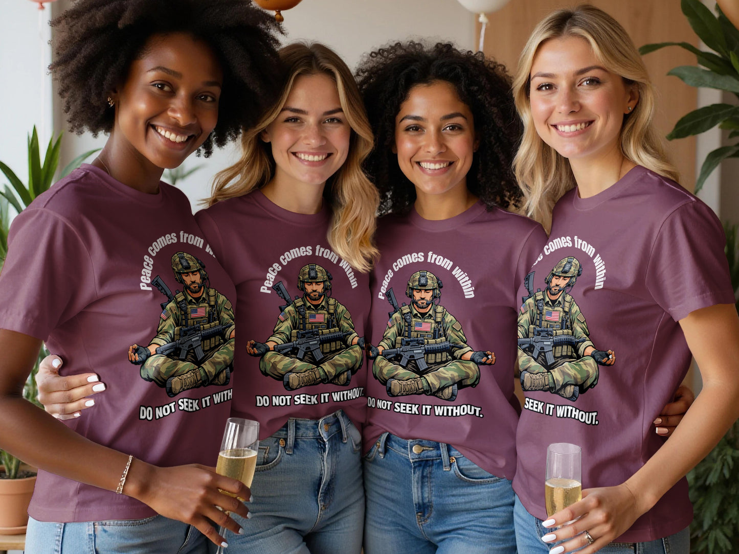 Four women wear shirts with a graphic of a soldier meditating.