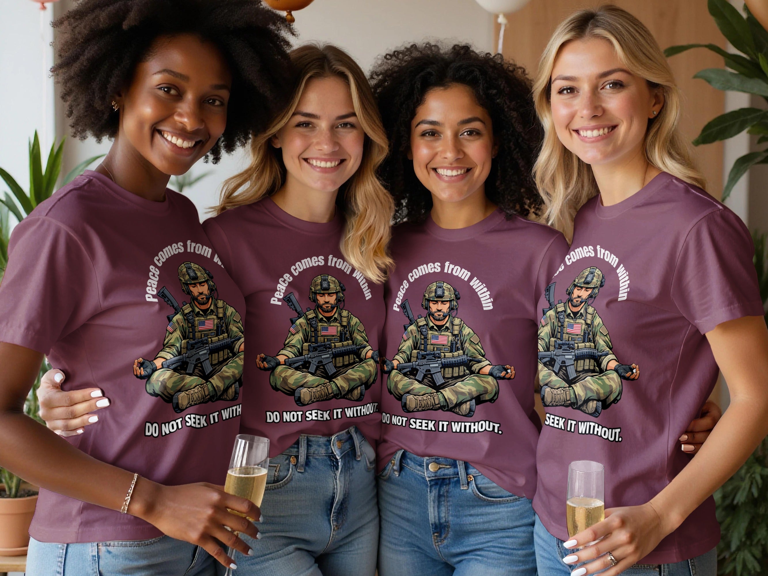 Four women wear shirts with a graphic of a soldier meditating.